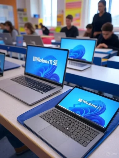 Laptops displaying Windows 11 SE are arranged on desks in a classroom filled with students and a teacher.