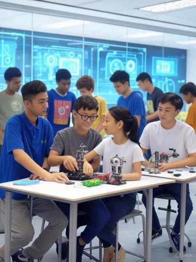 Group of students working on robotics projects in a modern classroom with digital displays in the background.