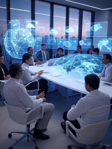 Business meeting discussing global connectivity and futuristic technology visualized by holographic digital maps.