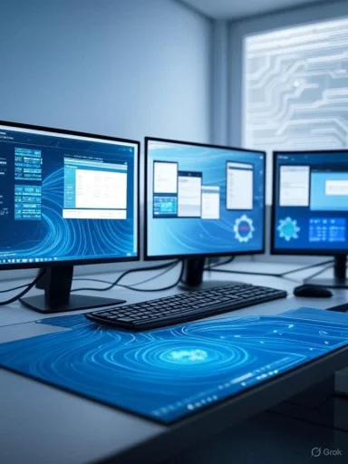 A modern workspace with three computer monitors displaying data and a keyboard on a desk, illuminated by natural light.