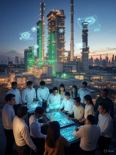 A team of professionals discusses futuristic holographic displays outdoors against an industrial cityscape at dusk.