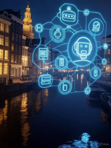 Digital neon icons of robots and technology over a city canal at night, blending urban scenery with futuristic imagery.