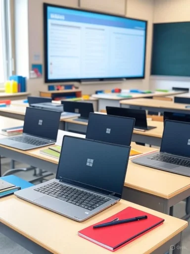 Classrooms with laptops on desks, a large digital screen, and educational materials, ready for a lesson.