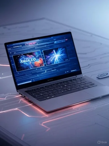 A laptop displaying colorful 'RACLE LED' graphics on a futuristic digital circuit background.