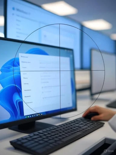 A person using a computer with a focus on a monitor displaying a blurred Windows interface, possibly in a classroom or lab setting.