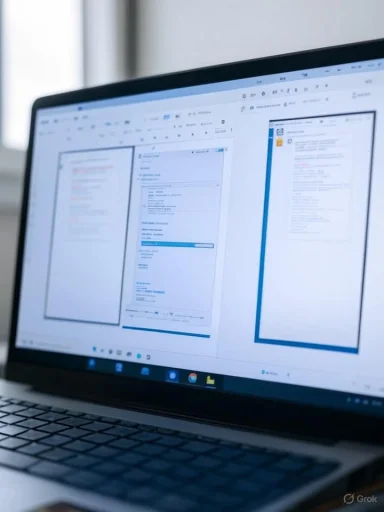 A laptop screen displays multiple open documents or screens with text and progress bars, likely related to work or study.