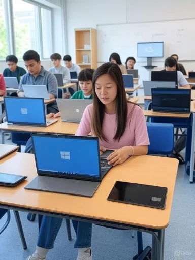 Students working on laptops and tablets in a classroom during a technology-based lesson.