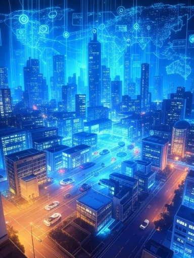 A futuristic cityscape illuminated with vibrant blue and orange lights, featuring digital data overlays and tall skyscrapers.