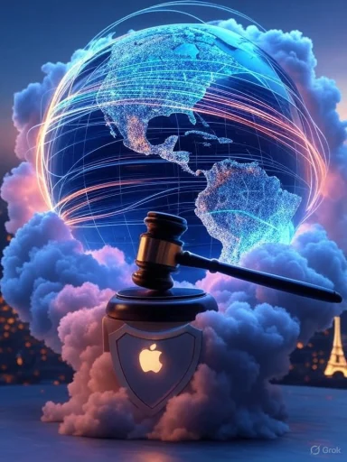 A digital illustration of global data security with a gavel, Apple shield, and illuminated world map against clouds.