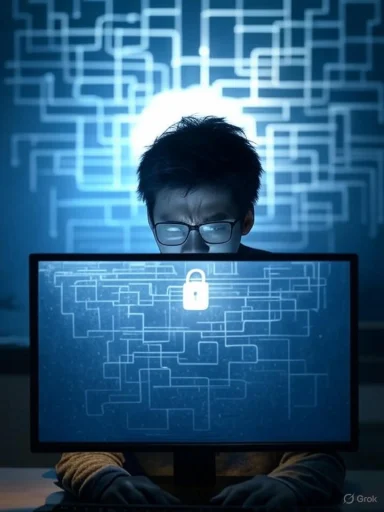 A person focused on a computer screen displaying a lock icon, with a digital maze and circuit background.