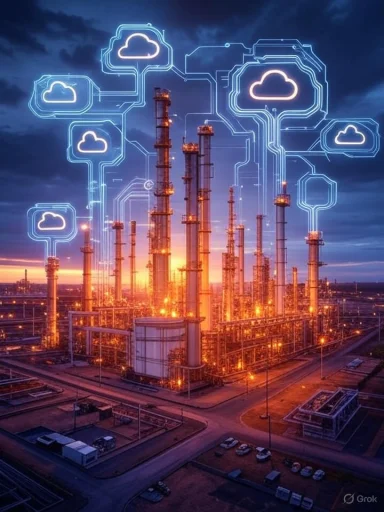 An industrial refinery with cloud storage icons overlayed, symbolizing cloud-based data integration.