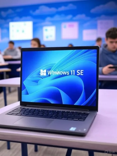 A laptop displaying the Windows 11 SE logo in a classroom setting with students in the background.