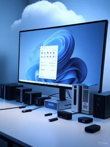 A Windows 11 desktop setup with multiple storage devices and accessories on a desk, with a cloud-themed background.