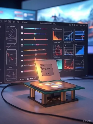 A high-tech processor is displayed on a circuit board with colorful data charts on a digital screen in the background.