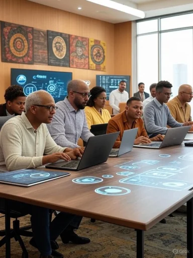 People in a modern conference room collaborate with digital displays projected on the table and screens behind them.