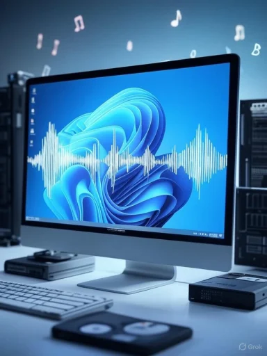 A computer monitor displays a digital wave pattern with musical notes floating around, suggesting music or audio editing.