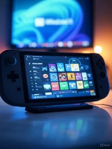 A handheld gaming console displaying a colorful game library, with a blurred Windows 11 screen in the background. A handheld gaming console displaying a colorful game library, with a blurred Windows 11 screen in the background.