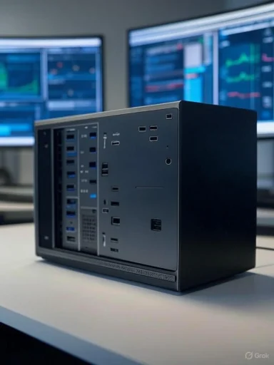 A compact computer or server with multiple ports is set up in front of dual monitor screens displaying data graphs. A compact computer or server with multiple ports is set up in front of dual monitor screens displaying data graphs.