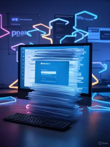 A cluttered computer screen with a large stack of documents in front, illuminated by neon lights in a tech-themed setting.