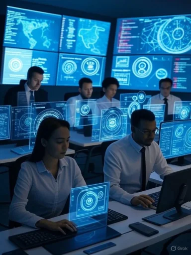 Team of professionals monitoring advanced digital security systems with holographic displays and large screens.