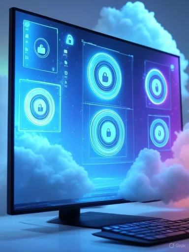 A computer screen displays digital security icons with cloud motifs, suggesting cloud-based cybersecurity.