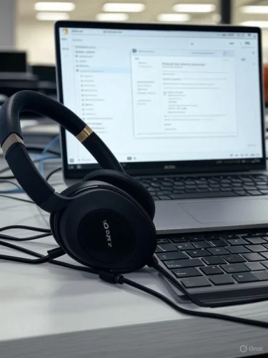 A laptop displaying an email or document, with a pair of Sony headphones on a white desk.