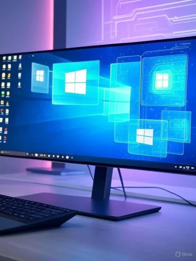 A high-tech computer monitor displays Windows logos and futuristic digital graphics in a modern workspace.