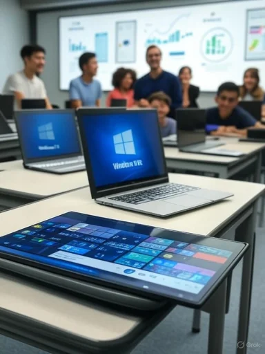 A classroom or workshop with laptops, including Windows 11 devices, and a presentation screen showing data graphs in the background.