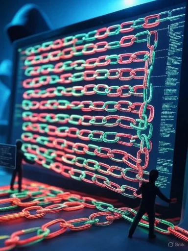 A miniature human figure stands next to glowing, interconnected chains displayed on a large digital screen, creating an illusion of scale.