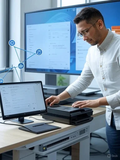 A man operates a multi-function printer in an office, with digital screens displaying documents and data in the background.