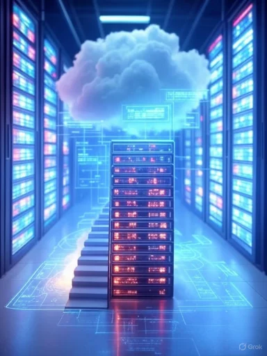 A futuristic data center with holographic interfaces and a cloud representing cloud computing technology.