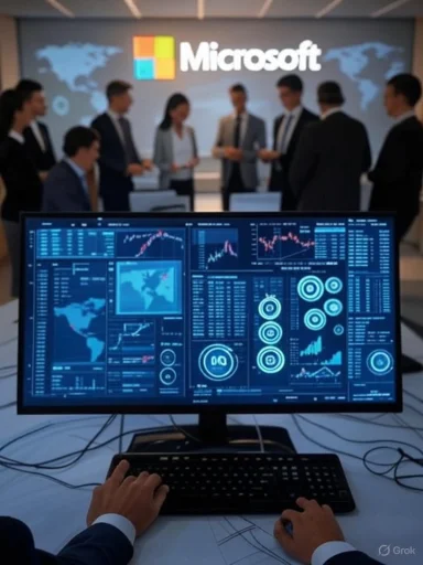 A person monitors complex data and analytics on a digital screen during a Microsoft business presentation with colleagues.