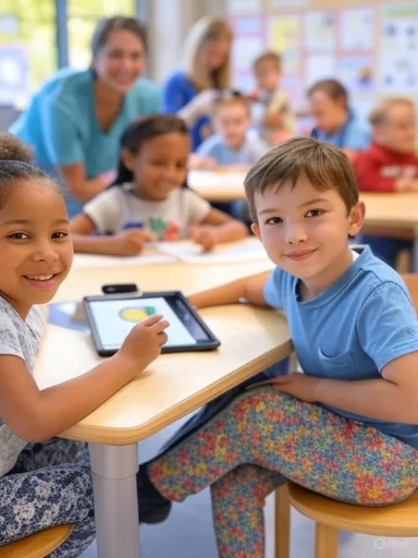 Two children sit at a table with a tablet, smiling, while a classroom with other students and teachers is visible in the background.