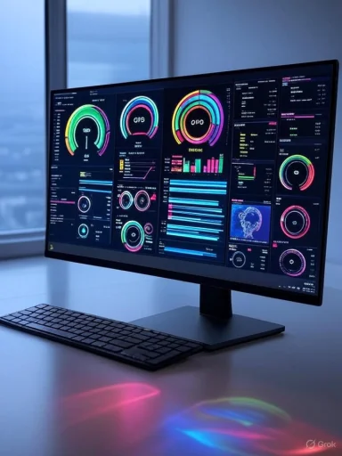 A computer monitor displays colorful data visualizations and charts against a modern workspace background.