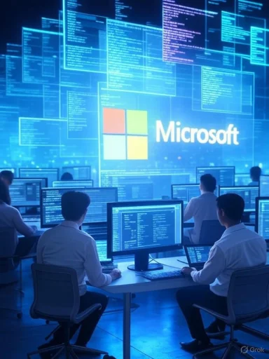 A team of developers working on computers in front of a large Microsoft-themed data visualization screen.