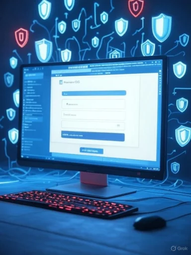 A computer screen displays a login page with a shield-themed digital security illustration in the background.