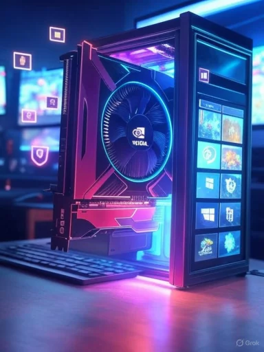 A custom-built gaming PC with vibrant RGB lighting, open side panel, and a floating design on a desk.
