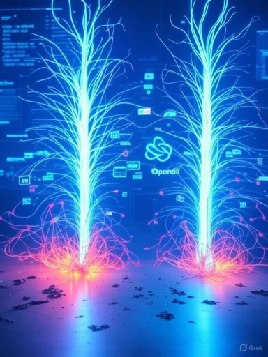 Digital visualization of two neural network-inspired light trees with interconnected pink roots and blue branching structures.