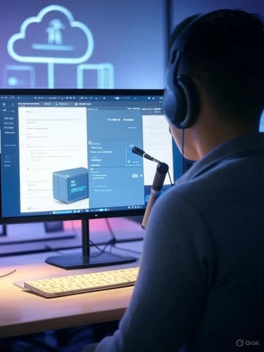 Person with headphones working on a computer screen showing data, with a cloud and tech-themed background.