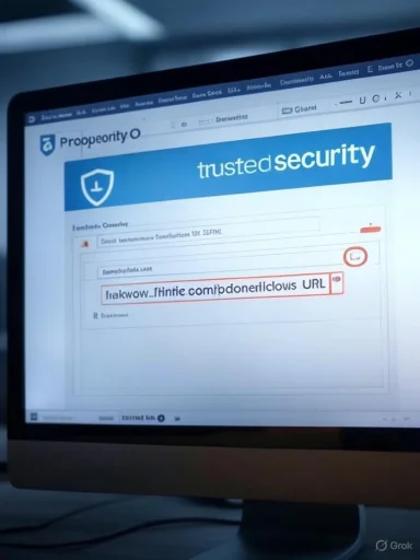 A computer screen displaying a security alert and a suspicious URL: 'takwow..fintie.com+donericlowis URL'.