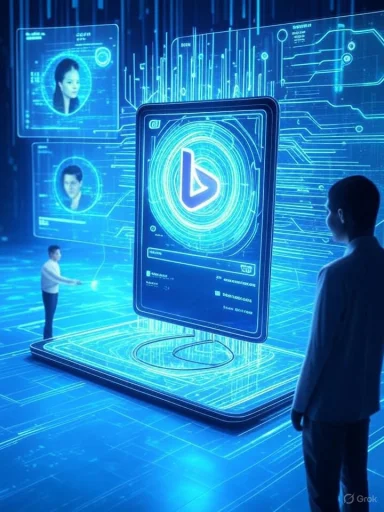 Digital futuristic scene showcasing a giant smartphone with a biometric scanning interface, surrounded by holographic data and profiles.