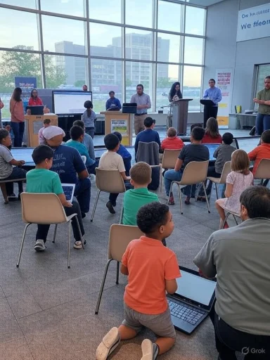 Children and adults attending an educational or community event in a spacious glass-walled room.