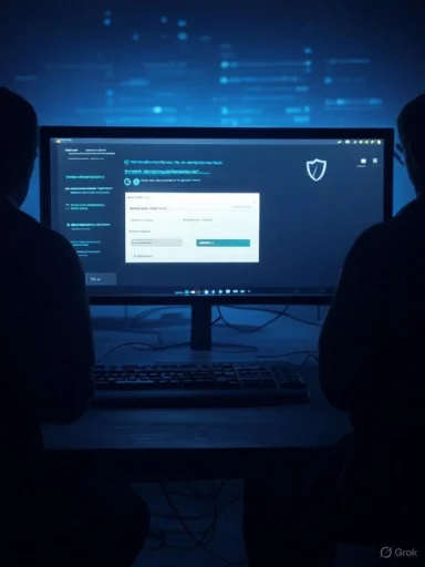 Two individuals working on a computer in a dark room, focused on cybersecurity or data protection.