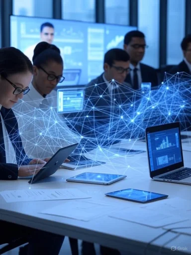 Business professionals analyze data with integrated digital networks in a high-tech office setting.