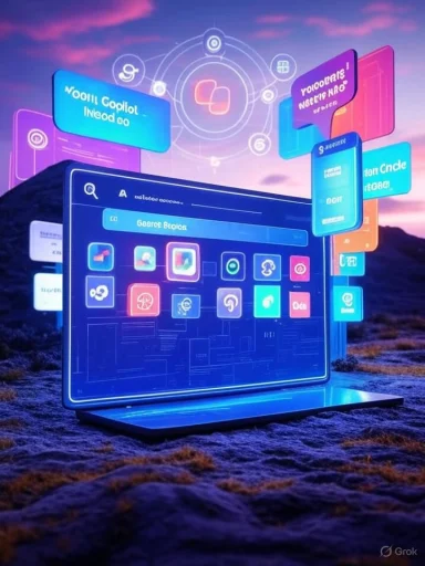 A futuristic digital workspace with holographic screens displaying social media and app icons against a purple sunset background.