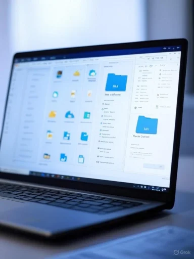 A laptop screen displaying a folder directory with several folders and files in a file management application.