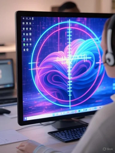 A person wearing headphones views colorful digital wave patterns on a computer screen with a crosshair overlay.