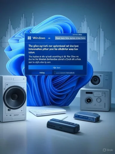 A vintage computer setup with speakers, cassette player, and a stylus, featuring a Windows screen and a blue abstract background.