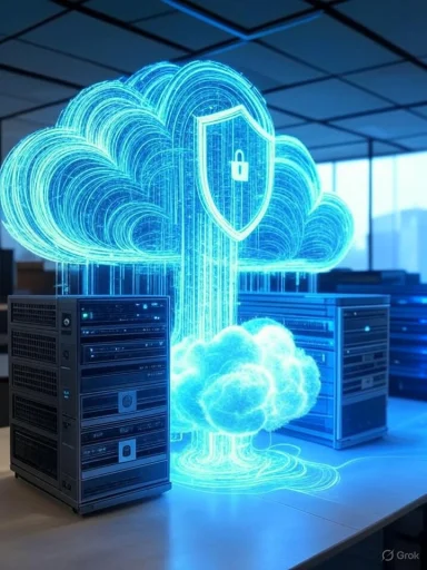 A digital illustration of a cloud storing data, with a shield and padlock symbol, representing cloud security in data centers.