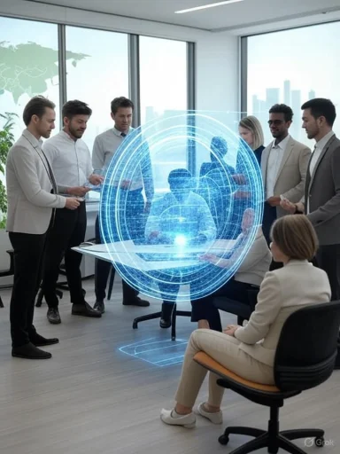 Business meeting with holographic display of a digital globe in a modern office.